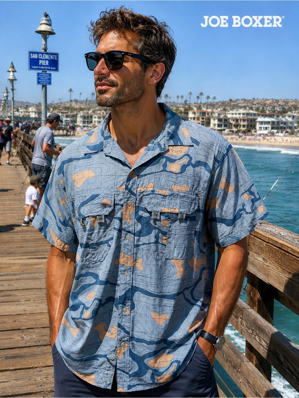 Joe Boxer Topographic Print Fishing Shirt Men's Large Blue Cotton Button Front